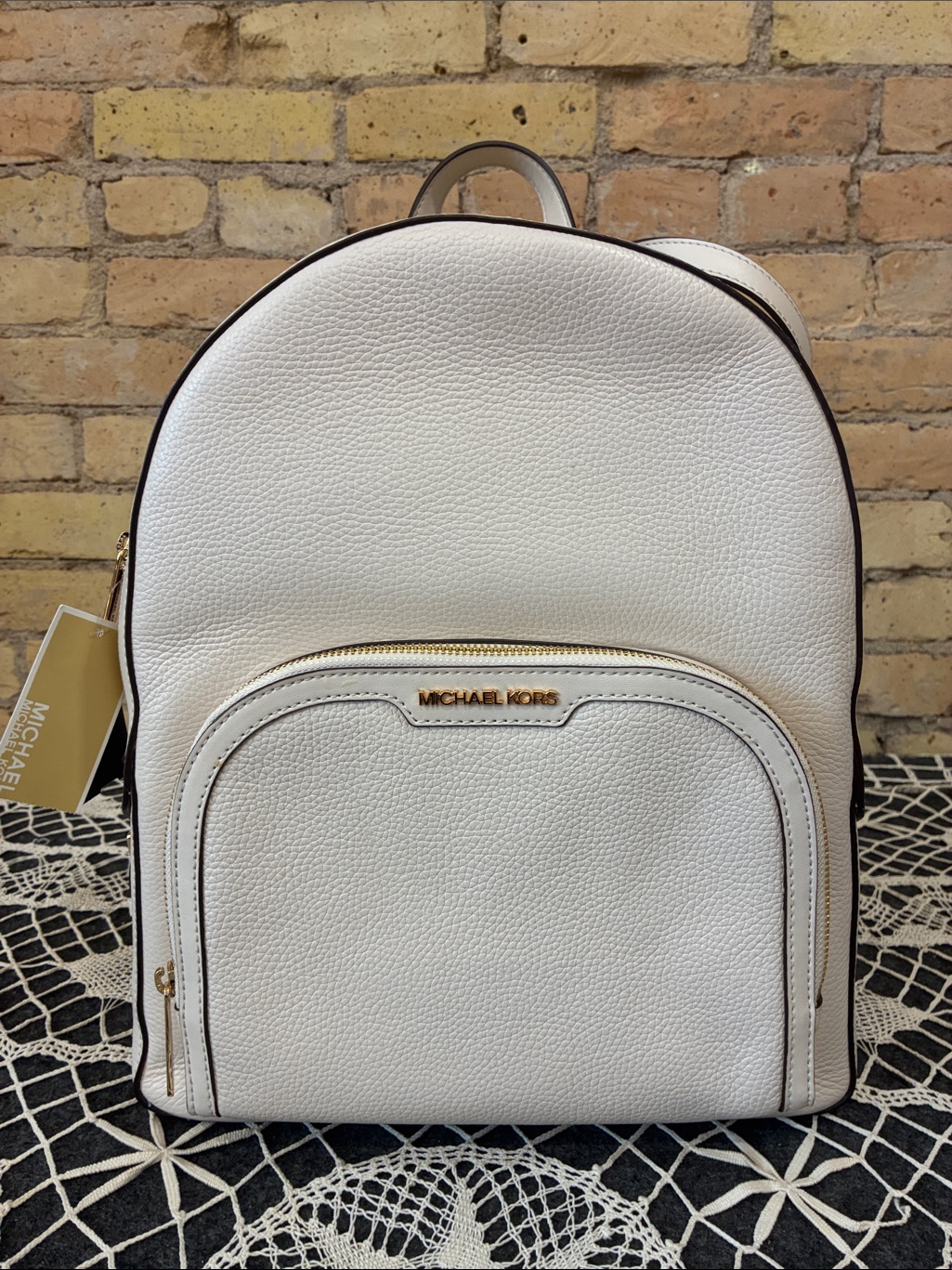Michael Kors Jaycee Light Cream Pebbled Leather Backpack With Gold Hardware.